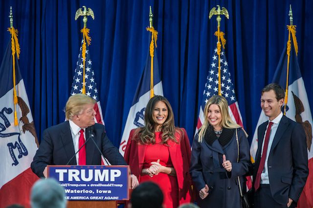Donald Trump is joined on stage by his wife Melania Trump, daughter Ivanka Trump, and son-in-law Jared Kushner